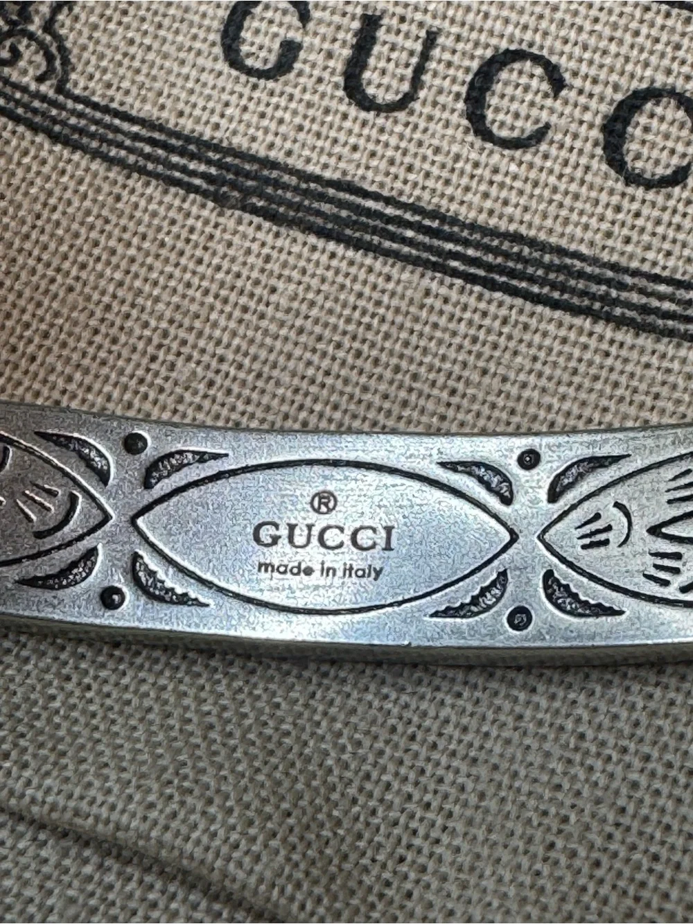 Gucci Silver-Tone Cuff with Black Inlay and Interlocking G Detail